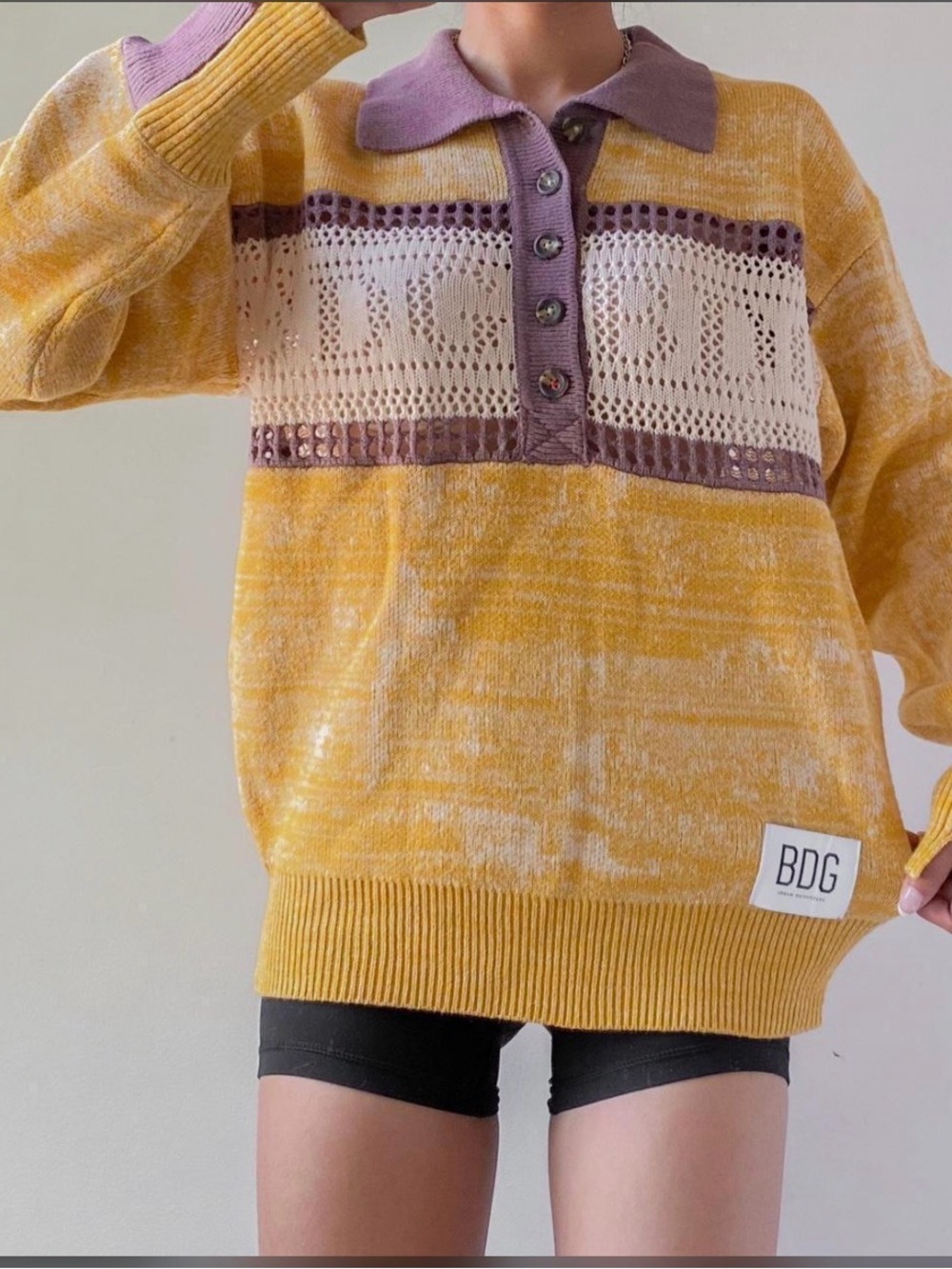 UO BDG Mustard Yellow Pullover with Cream Crochet Panel and Brown Trim